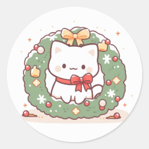 Sticker Rond Joyeux Noël Cute Kitty Chat