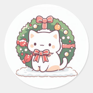 Sticker Rond Joyeux Noël Cute Kitty Chat