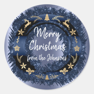 Sticker Rond Joyeux Noël de Blue Navy Parties scintillant Gold 