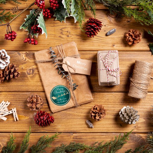 Sticker Rond Joyeux Noël de Père Noël Reindeer Sleight Green