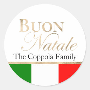 Sticker Rond Joyeux Noël drapeau italien de Noël en or