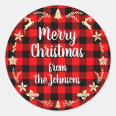 Sticker Rond Joyeux Noël du nom Gold Buffalo Plaid REd (Devant)