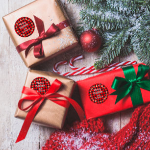 Sticker Rond Joyeux Noël du nom Gold Buffalo Plaid REd