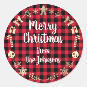 Sticker Rond Joyeux Noël du nom Gold Buffalo Red Plaid