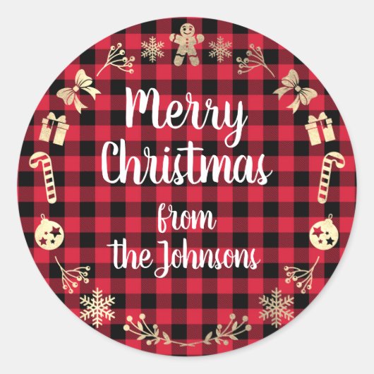 Sticker Rond Joyeux Noël du nom Gold Buffalo Red Plaid (Devant)