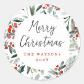 Sticker Rond Joyeux Noël Elegant Holly & Pine Holiday (Devant)