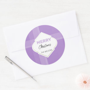 Sticker Rond Joyeux Noël Élégant Tartan Lilas Violet