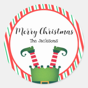 Sticker Rond Joyeux Noël Elfe Jambes Rayures Fêtes