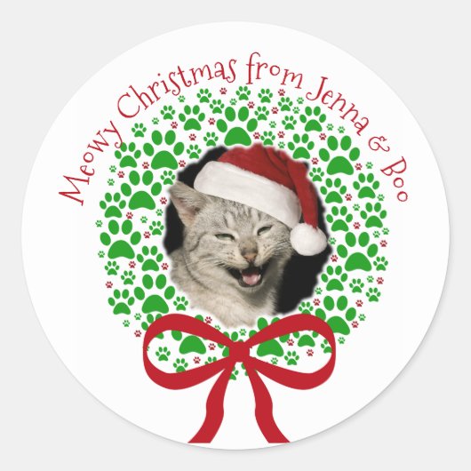 Sticker Rond Joyeux Noël Empreinte de Patte Couronne de Fêtes P (Devant)