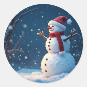 Sticker Rond Joyeux Noël et bonhomme de neige mignon