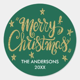 Sticker Rond Joyeux Noël Étoiles Paillettes Dorées