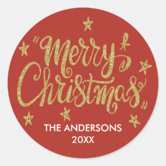 Sticker Rond Joyeux Noël Étoiles Paillettes Dorées
