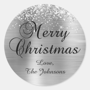 Sticker Rond Joyeux Noël Famille Pailleté Argenté Feuille