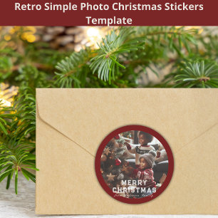 Sticker Rond Joyeux Noël Famille Photo Retro Rouge