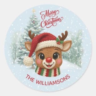 Sticker Rond Joyeux Noël Faux Crochet Renne Neige