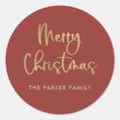 Sticker Rond Joyeux Noël | Faux Gold sur Red Décontracté Script (Devant)