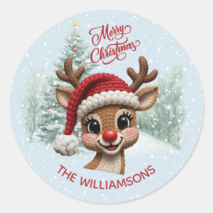 Sticker Rond Joyeux Noël Faux Tricot Renne Neige