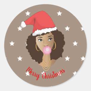 Sticker Rond Joyeux Noël! Femme noire, Chapeau, Genre, Étoile