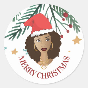 Sticker Rond Joyeux Noël, Femme noire, Chapeau rouge, Arbre