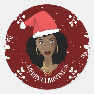 Sticker Rond Joyeux Noël, Femme noire Chapeau rouge, Maroon
