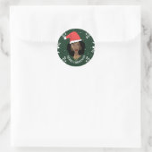 Sticker Rond Joyeux Noël, Femme noire, Chapeau rouge, Vert (Sac)
