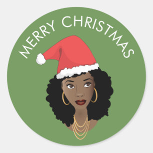 Sticker Rond Joyeux Noël, Femme noire, Chapeau rouge, Vert