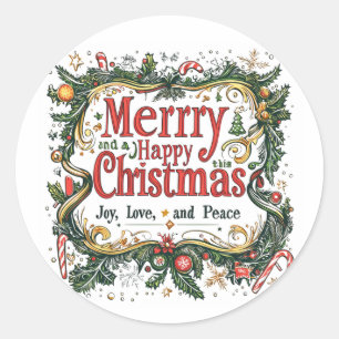 Sticker Rond Joyeux Noël Festif Art - Joie, Amour et Paix