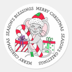 Sticker Rond Joyeux Noël Festive Souris avec présentateurs