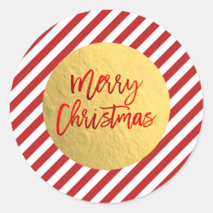 Sticker Rond Joyeux Noël Fête Rouge Stripes Gold Foil