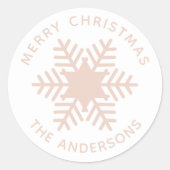 Sticker Rond Joyeux Noël. Fêtes aux flocons de neige rose (Devant)