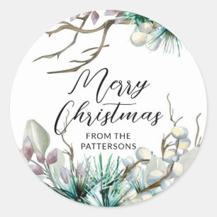 Sticker Rond Joyeux Noël Fêtes d'Hiver Florale Nom