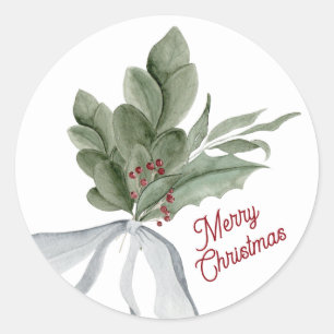 Sticker Rond Joyeux Noël Feuillage de Noël aquarelle