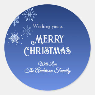 Sticker Rond Joyeux Noël Flocon de Neige Moderne Bleu