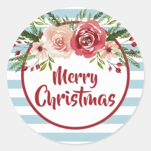 Sticker Rond Joyeux Noël Floral Grandes Et Aquarelle