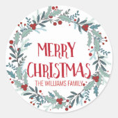Sticker Rond Joyeux Noël Flower Wreath Nom de famille (Devant)