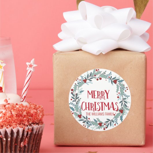 Sticker Rond Joyeux Noël Flower Wreath Nom de famille (Fête)