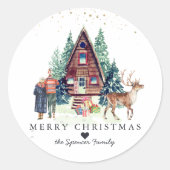 Sticker Rond Joyeux Noël | Forêt Cabine d'hiver rustique (Devant)