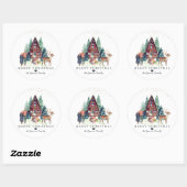 Sticker Rond Joyeux Noël | Forêt Cabine d'hiver rustique (Feuille)