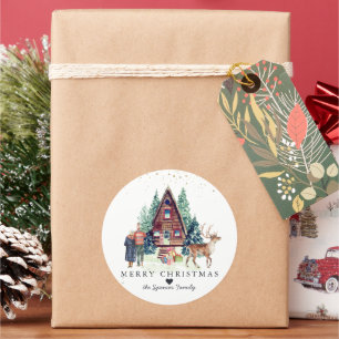 Sticker Rond Joyeux Noël   Forêt Cabine d'hiver rustique