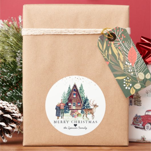 Sticker Rond Joyeux Noël | Forêt Cabine d'hiver rustique (vacances)