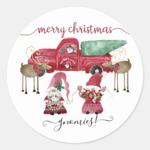 Sticker Rond Joyeux Noël Gnome Aquarelle Camion rouge