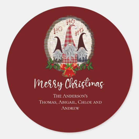 Sticker Rond Joyeux Noël Gnomes Rouge, Rustique, Plaid, Branché (Devant)