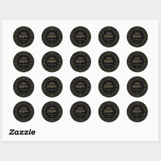 Sticker Rond Joyeux Noël Gold Black Parties scintillant Points  (Feuille)
