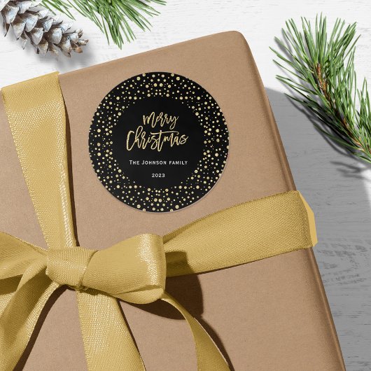 Sticker Rond Joyeux Noël Gold Black Parties scintillant Points 
