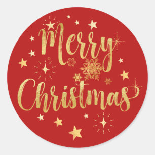 Sticker Rond Joyeux Noël Gold Écriture Étoiles Snowflakes Rouge