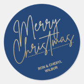 Sticker Rond Joyeux Noël Gold Script en bleu (Devant)