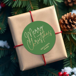 Sticker Rond Joyeux Noël Gold Script sur Vert