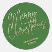 Sticker Rond Joyeux Noël Gold Script sur Vert (Devant)