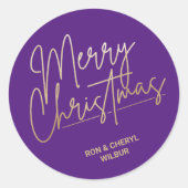 Sticker Rond Joyeux Noël Gold Script sur violet (Devant)