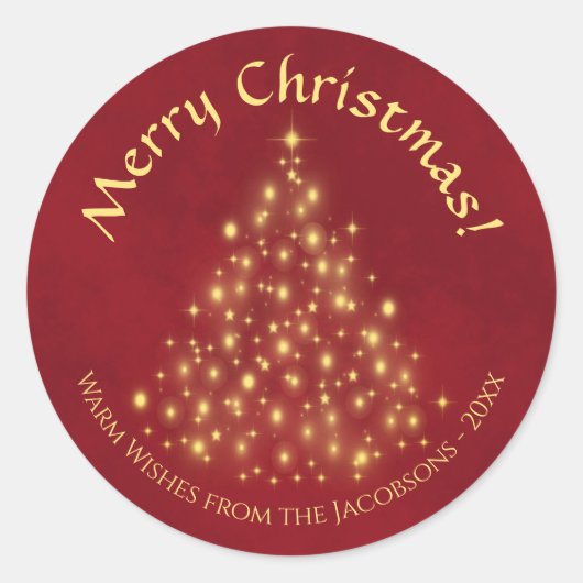 Sticker Rond Joyeux Noël! Golden Lights Tree sur Crimson Red (Devant)